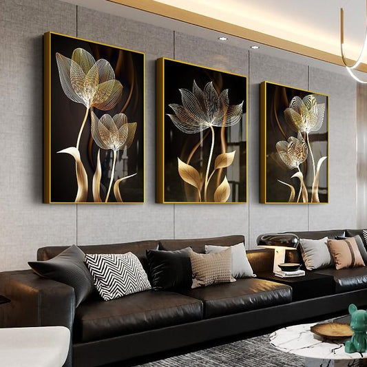 Canvas Painting Wall Art Black Gold Flower